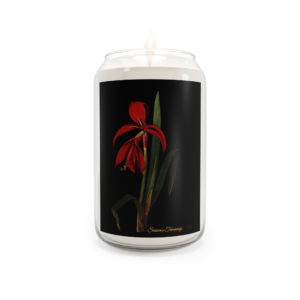 mary delany jacobean lily candle, chateaucore floral art in comfort spice, sea breeze & vanilla bean scents